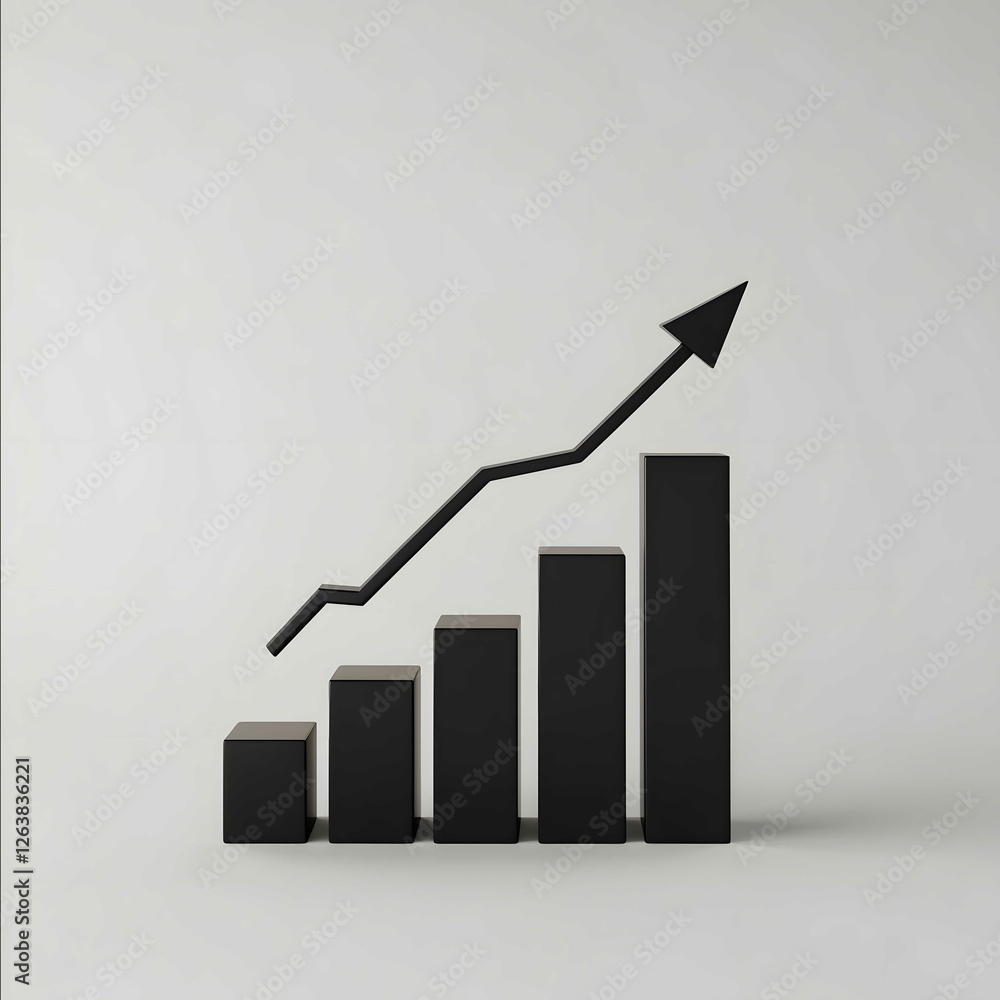 a black 3d of a bar chart rising on a light grey clear background with ...
