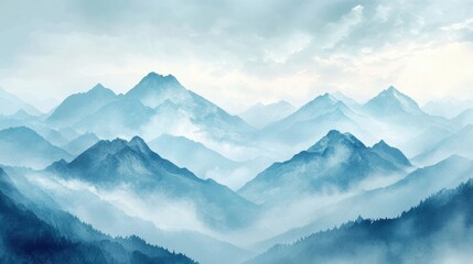 Poster - Misty mountain landscape with layers of blue peaks and soft clouds at dawn. Generative AI