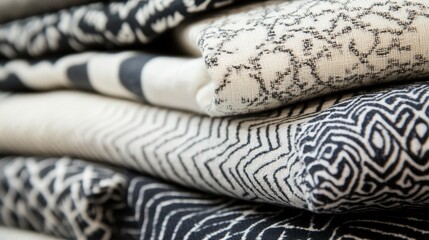Poster - Close up view of patterned fabrics showcasing intricate floral and geometric designs with blank space for creative text. Generative AI