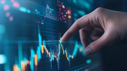 A hand is pointing at a graph showing an upward trend on a digital screen representing a data analysis concept for business the stock market exchange and marke
