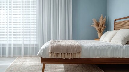 Sticker - Cozy bedroom with a soft blue accent wall, wooden bed frame, and delicate sheer curtains