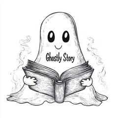 A scary Halloween ghost lost in a scary horror story book, depicted in a straightforward black and white modern clip art style, great for graphic design projects, logos, patterns, and posters