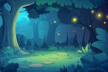Wall Mural - in the forest on a night with stars and fairies, a full moon lighting up the adventure with fireflie