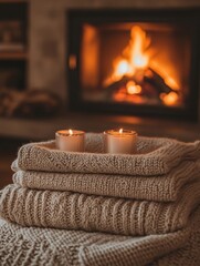 Poster - Cozy knitted blankets and lit candles near a warm fireplace create a relaxing atmosphere in a living room setting. Generative AI