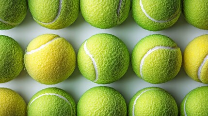 Wall Mural - Vibrant arrangement of tennis balls showcasing various shades and textures on a light background