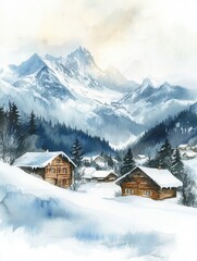 Aufkleber - Winter landscape featuring snowy mountains with charming cabins in a serene alpine village during daylight. Generative AI