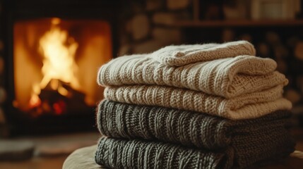 Poster - Warm knitted sweaters stacked near a cozy fireplace in a rustic living room during winter months. Generative AI