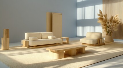 Sticker - Minimalist living room with soft blue walls, light wooden furniture, and beige textiles