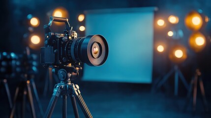Poster - Professional camera setup in a dimly lit studio with bright lights ready for a photoshoot session. Generative AI