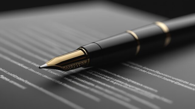 elegant black fountain pen rests on a textured black document showcasing written text details