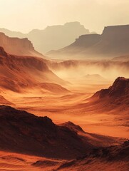 Aufkleber - Dramatic landscape showcases vast orange canyons and mountains under a hazy sky at dusk. Generative AI