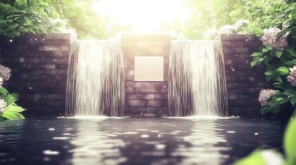 Sticker - Serene Waterfall Scene Soft Sunlight Bathes Tranquil Garden. AI Generated