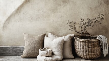 Sticker - Woven baskets and textured pillows in warm earthy colors arranged in a cozy setting