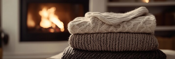 Poster - Cozy stacked sweaters in front of a warm fireplace on a chilly evening. Generative AI