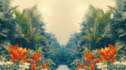 Wall Mural - Lush tropical foliage symmetrically arranged vibrant orange flowers soft light serene ambiance. AI Generated