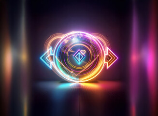Wall Mural - neon abstract glowing circle with arrow shapes on sides, a diamond with heart inside, and vibrant co