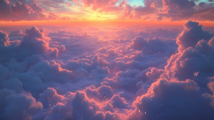 Poster - A breathtaking panoramic sunrise sky with iridescent clouds in hues of blue, pink, and purple, sunrise sky, ethereal light, breathtaking sunrise, iridescent clouds. Opalescent Skies. Illustration