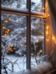 Poster - Cozy winter evening with twinkling lights and snowy scenery viewed through a frosted window. Generative AI