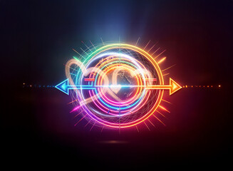 Wall Mural - colorful neon heart with arrows pointing in opposite directions, surrounded by glowing circles again