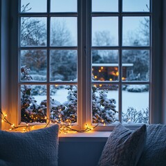 Poster - Winter evening view from a cozy window adorned with lights and a snowy landscape outside. Generative AI