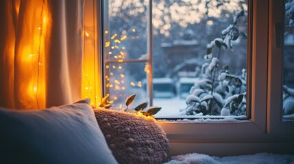 Wall Mural - Cozy winter morning with soft light and snow outside a warm window. Generative AI