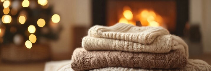 Poster - Cozy sweaters stacked near a fireplace with a softly lit Christmas tree in the background during winter season. Generative AI