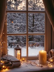 Aufkleber - Cozy winter window view with snow, candles, and warm lights creating a peaceful atmosphere. Generative AI