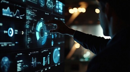 Wall Mural - Businessman interacting with a large touchscreen display showing various infographics, charts, and data analysis in a dark control room, enhancing productivity and decision making