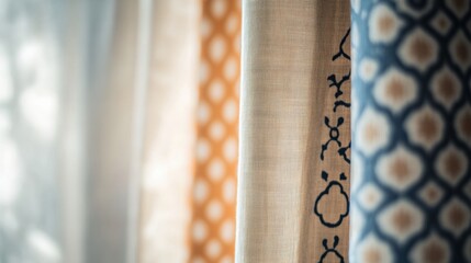 Poster - Close up view of textured fabrics featuring floral and geometric designs with ample space for custom text placement. Generative AI