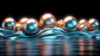 Wall Mural - Shimmering metallic spheres gently rest on a flowing teal wave; dramatic lighting enhances reflective surfaces.. AI Generated