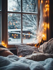 Aufkleber - Cozy winter evening by the window with soft blankets and warm lights in a snowy setting. Generative AI
