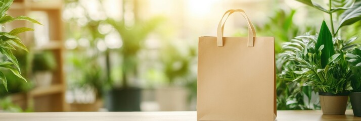 Aufkleber - Eco friendly paper bag placed on a table surrounded by lush green plants in a well lit environment. Generative AI