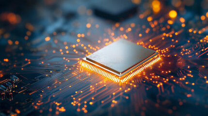 High-tech processor core with luminous orange accents on dark circuit board background