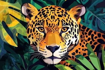 Poster - Colorful illustration of a jaguar in a lush jungle setting showcasing the beauty of wildlife. Generative AI