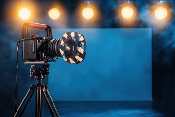 Leinwandbilder - Vintage camera setup with spotlight illumination in a studio for film production at night. Generative AI