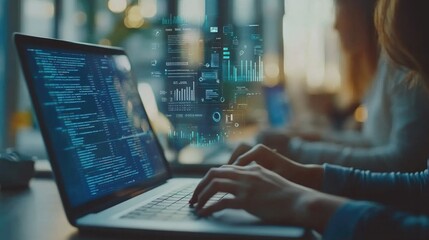 Woman coding on laptop in office with digital data hologram