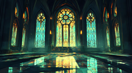 Poster - Stained glass windows illuminate a sacred space with radiant light. Emerald Glass Temples. Illustration