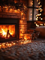 Poster - Cozy fireplace adorned with warm lights and festive decorations during winter evening in a charming living room setting. Generative AI