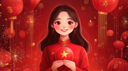 Poster - Smiling woman, red dress, lanterns, fireworks, Lunar New Year