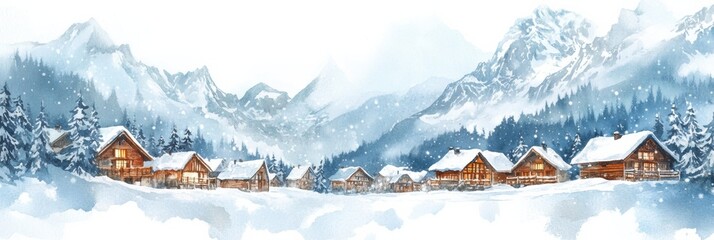 Leinwandbilder - Winter landscape view of peaceful wooden chalets surrounded by snow covered mountains and pine trees. Generative AI