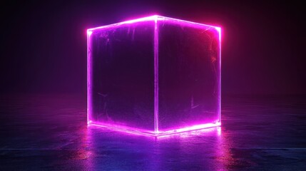 Wall Mural - Glowing neon cube, dark studio, reflective floor, digital art, futuristic background