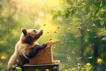 Aufkleber - Bear enjoying honey while surrounded by buzzing bees in a lush forest during daytime in spring. Generative AI