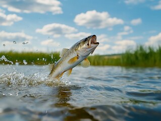 Wall Mural - Dynamic trout leaping in sparkling river under blue sky with white clouds