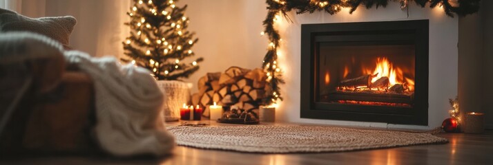 Poster - Cozy living room with decorated Christmas tree and warm fireplace creating a festive atmosphere during winter holidays. Generative AI