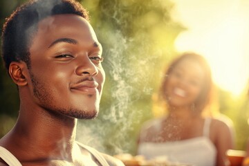 Wall Mural - Man with a beard and a woman smiling next to him, family picnic concept