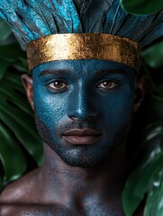 Wall Mural - A man with blue face paint and a gold headdress surrounded by tropical leaves.