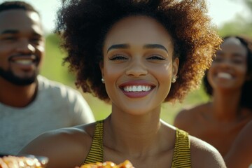 Wall Mural - Woman with curly hair is smiling and holding a plate of food, family picnic concept