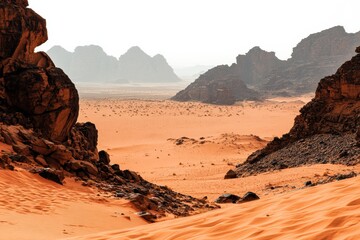 Aufkleber - Expansive desert landscape with rocky formations under a hazy sky in a remote region. Generative AI