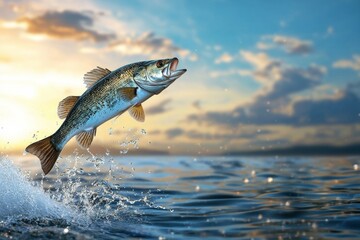 Wall Mural - Largemouth bass leaping from water at sunset with dramatic sky