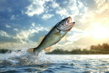 Wall Mural - Largemouth bass jumping in sunlit lake watersplash